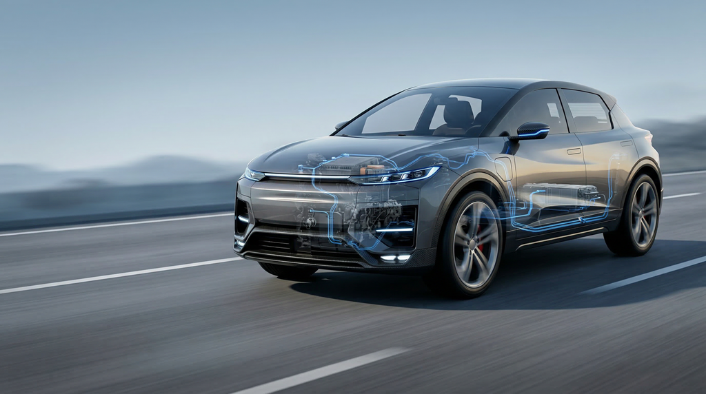 Transparent 3D render of a modern electric vehicle showing the 48V battery and powertrain electrical architecture.