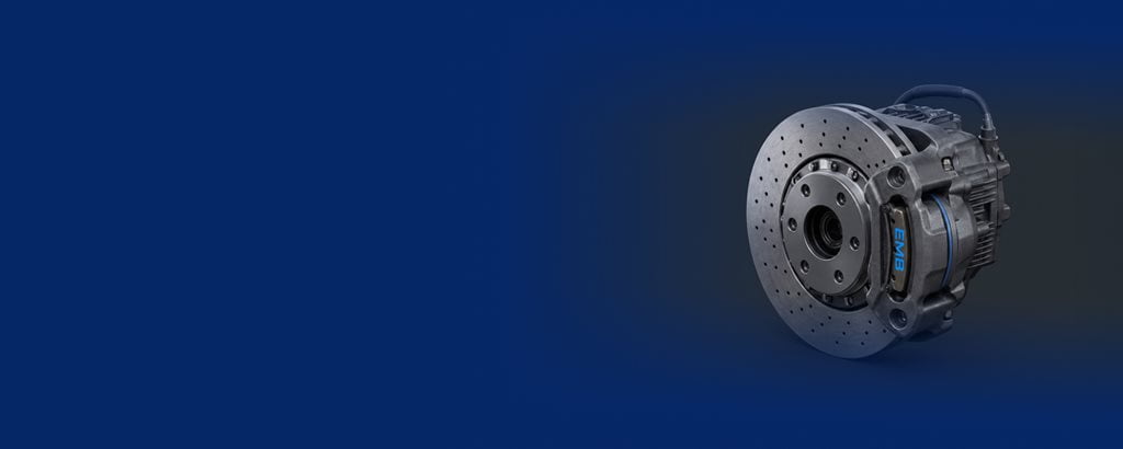 Bipolar high-performance automotive brake disc assembly featuring an Electronic Mechanical Braking (EMB) caliper module with integrated electric actuator housing and high-voltage power cabling against a dark blue background.