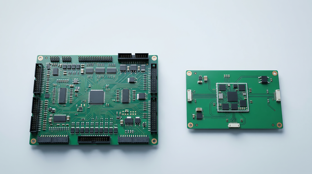 Side-by-side comparison of a traditional bulky circuit board versus a modern, highly integrated compact PCB.