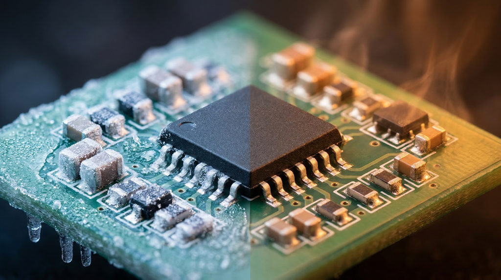 Composite image of a semiconductor chip experiencing extreme environmental stress from ice to high-heat steam.
