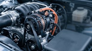 Close-up of a high-efficiency 48V automotive belt-starter generator integrated into a vehicle powertrain.