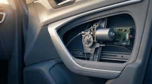 Cutaway of a vehicle door showing a 48V electric window regulator motor and integrated control PCB.