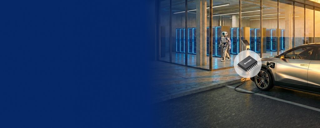 An electric vehicle charging in front of a modern data center where a robot walks among server racks, illustrating the key applications for Allegro's ACS37017 current sensor in EVs, AI, and robotics.