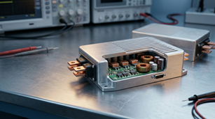 Internal view of a compact 48V to 12V DC-DC power converter module with copper busbars and inductors.