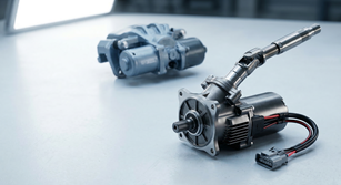 Precision 48V electronic power steering and braking actuators on an automotive engineering test bench.