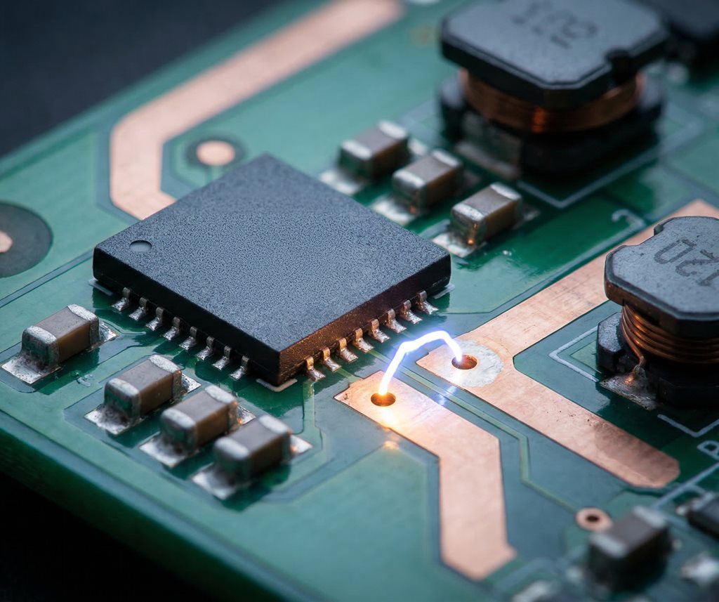 Macro view of an electrical arc between PCB traces illustrating high-voltage clearance and creepage challenges in 48V systems.