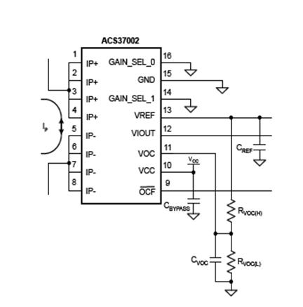Circuit diagram for ACS37002 implementation.