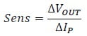 sensitivity formula where sens is sensitivity, Vout is the change in output voltage, and IP is the change in measured primary current