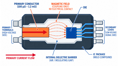 Figure 1: Internal construction of an isolated integrated current sensor, showing magnetic coupling across the dielectric barrier between the high-voltage primary conductor and the low-voltage sensing die and signal leads 