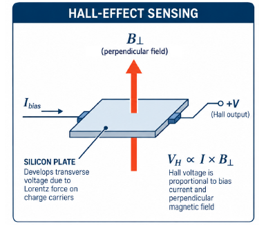 Figure 2: Hall-effect sensing principle: a Hall element responds to magnetic flux density perpendicular to the sensing plane, producing an output voltage proportional to the applied magnetic field.