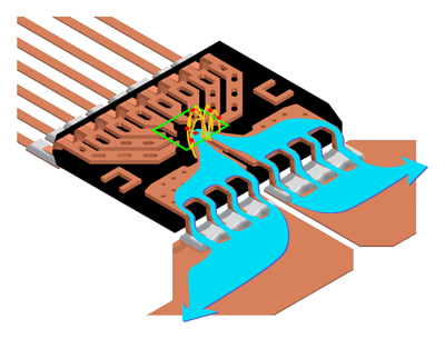 Current path through ACS710 and ACS 716 current sensor ICs