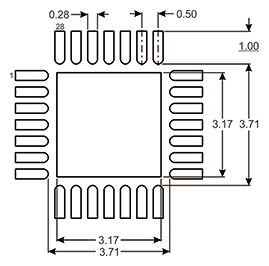 图 1：5 mm X 5 mm 28 引脚 PQFN 的 PCB 使用布局