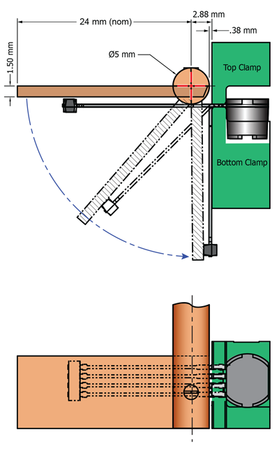 Figure 18. The center of rotation is indicated by the red centerlines in the upper panel; in this example, the rod supporting the paddle blade has a 5 mm diameter where it passes by the package.