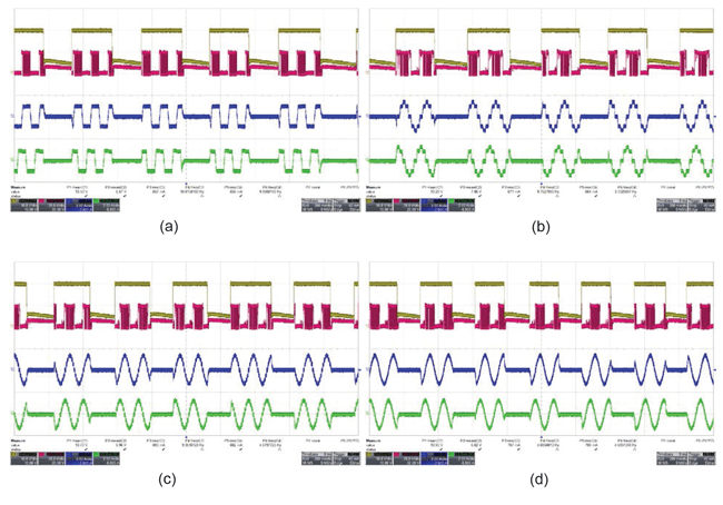 Figure 10: Performance of A5977/A5979 stepper motor drivers during hot-swapping at (a) full-step, (b) half-step, (c) quarter- step, and (d) eighth-step (A5977) modes, showing the DC bus voltage (VBB) (yellow), phase voltage (VPHASE) (pink), and stepper motor phase currents (IPHASE1 and IPHASE2) (blue and green).