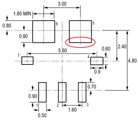 Figure 10: ACS780 PCB Layout Reference View. Adjust as necessary to meet application process requirements and PCB layout tolerances; critical dimension circled in red.