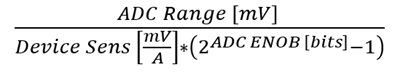Equation for ADC resolution of the sensor output in amps