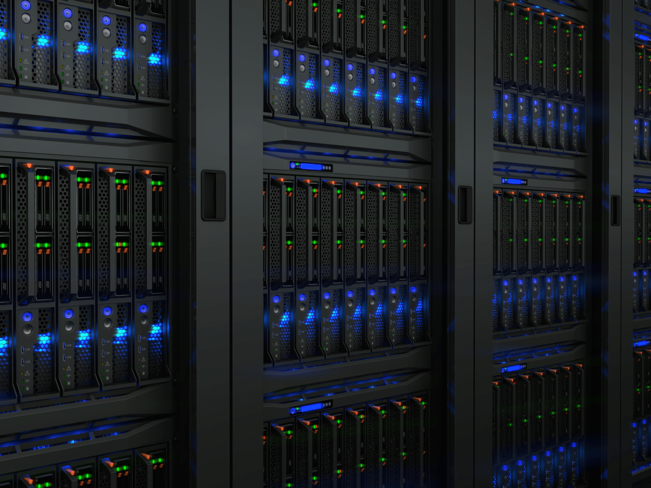 Server racks in a modern AI data center, illustrating the high-power-density environment where Allegro and Innoscience's all-GaN PSU reference design operates.