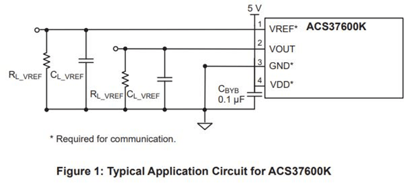 ACS37600K: 400kHz, High-Precision Linear Sensor IC with Vref and Overcurrent Fault Typical Application Diagram