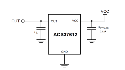 ACS37612 Standalone coreless differential current sensor with contactless current sensing for ACand DC current sensing typical application diagram
